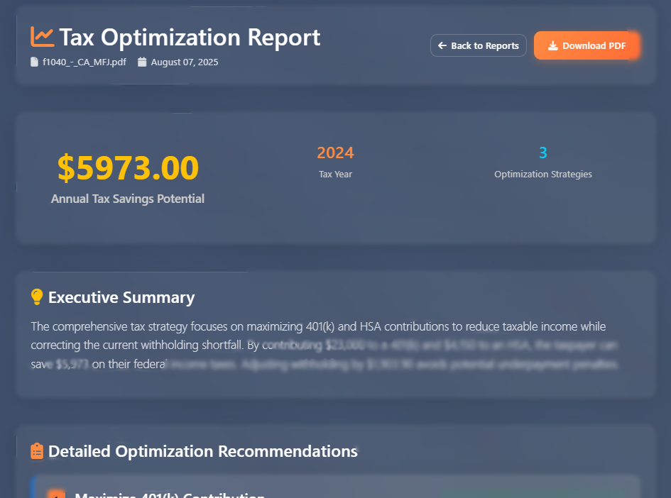 Blurred tax optimization report preview